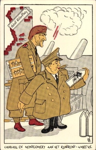 Postcard Churchill, Montgomery, Rhine Front, March 4, 1945, World War II