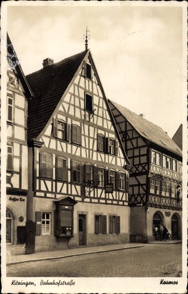 Postcard Kitzingen in Mainfranken Bavaria, Bahnhofstrasse, half-timbered houses