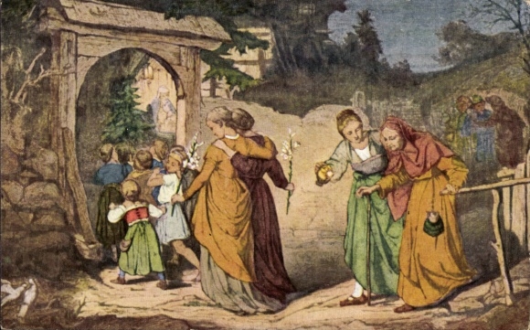 Postcard Ort Kochel am See Upper Bavaria, girls and women in long robes with flowers in their hands...
