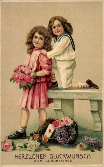 Embossed Postcard Congratulations Birthday, Flowers, Children