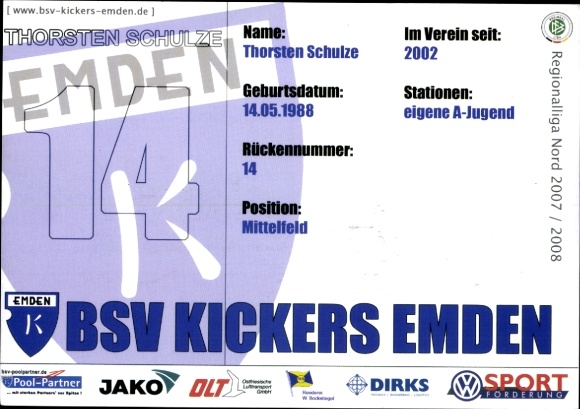 Karta autografu piłkarza Thorstena Schulze, BSV Kickers Emden, autograf