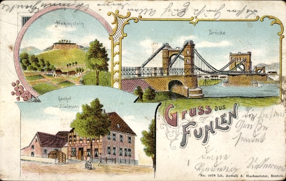 Chromo-Litho Fuhlen Hessisch Oldendorf on the Weser, Hohenstein, bridge, inn