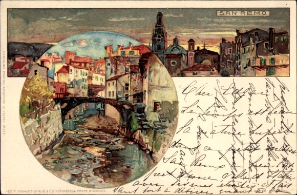 Artist Chromo-Litho Wielandt, Manuel, San Remo Liguria, locality, partial views, bridge