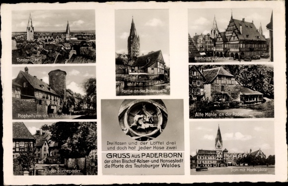 Postcard Paderborn in North Rhine-Westphalia, Paderquelle, Hoheiturm, town hall, mill, cathedral, Börnepader