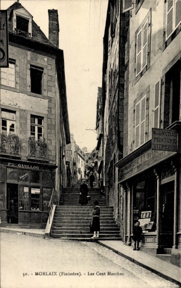 Postcard Morlaix Finistère, Les Cent Marches, GUILLOU, painting shop, glass shop, stairs