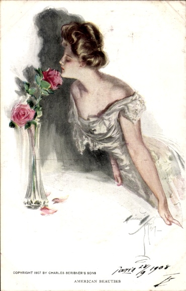 Artist Postcard Fisher, Harrison, American Beauties, Woman smelling roses, vase