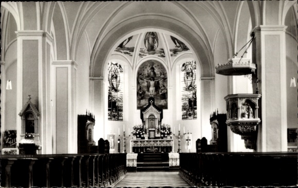 Postcard Nordkirchen in Westphalia, interior view of the Catholic parish church, altar, decorated, wooden ba