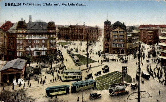 Postcard Berlin Tiergarten, Potsdamer Platz, traffic tower, tram