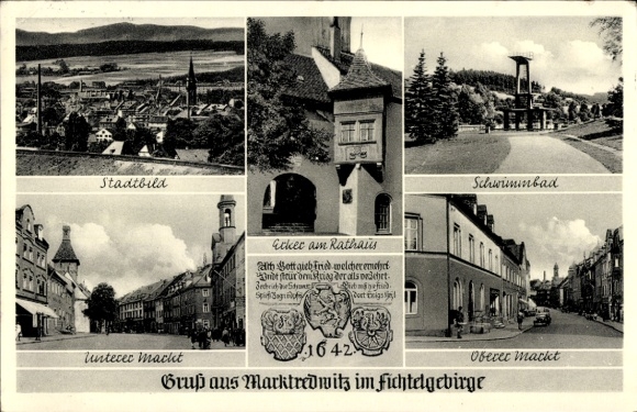 KP Marktredwitz w Fichtelgebirge, pejzaż miejski, wykusz, ratusz, basen, Dolny Rynek