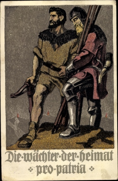 Künstler Ak Schweizer Bundesfeier 1910, Die Wächter der Heimat, Pro Patria, Wilhelm Tell
