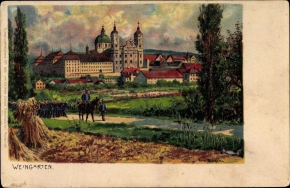 Kunstenaar Litho Bergen, Fritz, Weingarten Württemberg, Marching Soldiers, Riders, Church, Zieher