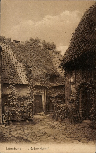 Postcard Lüneburg in Lower Saxony, alley with houses with roof tiles, tendrils, "Red Rooster"