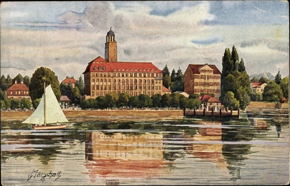 Artist PC Marschall, V., Lindau on Lake Constance Swabia, sailing boat, official building