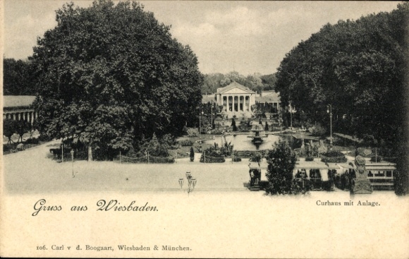 Ak Wiesbaden in Hessen, Gruss aus  Curhaus mit Anlage, Parklandschaft, Bäume