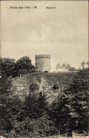 Postcard climatic health resort Plau am See, view of the castle tower