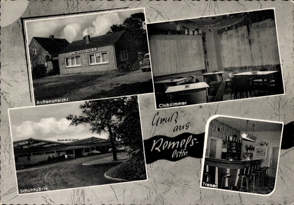 Postcard Remels Uplengen in East Frisia, Inn at the Golden Shoe, counter, shoe factory
