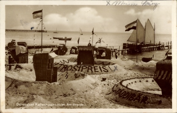 Postcard Ostseebad Kellenhusen in Holstein, beach with bathers, beach chairs, boats, sailing ship, ...