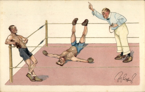 Artist Postcard Boxing match, boxer is counted out, humor