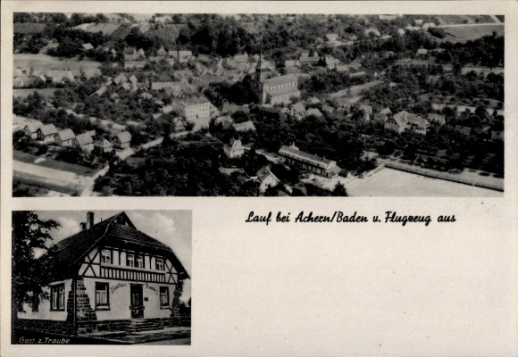 Postcard Lauf in Baden Black Forest, aerial view, Gasthaus zur Traube, beautiful view of the surrounding area