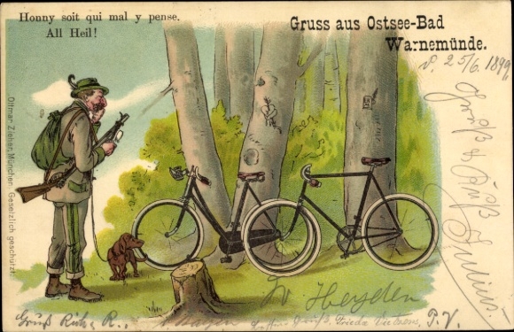 Chromo-Litho hunter with dachshund, bicycles, forest, all hail!