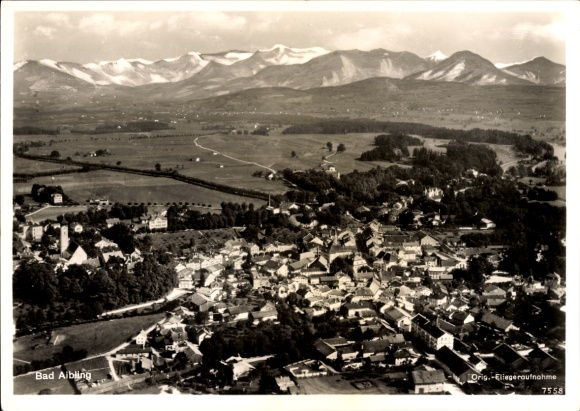 Postcard Bad Aibling in Upper Bavaria, aerial view of mountains in the background, typical villages, Black Forest