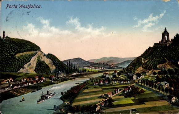 Ak Porta Westfalica, panoramisch uitzicht, Kaiserdenkmal, stoomboot, Wittekindsberg