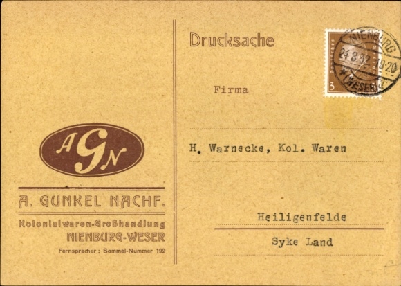 Ak Nienburg an der Weser, Kolonialwaren-Großhandlung A. Gunkel, Reklame