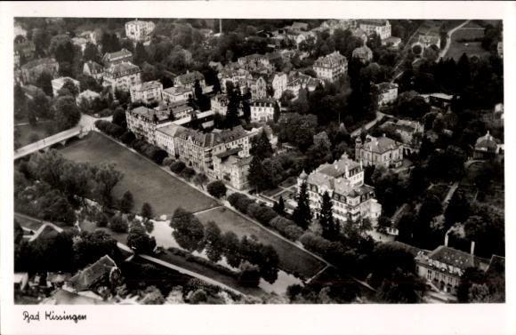 Postcard Bad Kissingen Lower Franconia Bavaria, aerial view of numerous buildings, lots of greenery, river