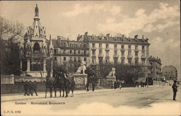Ak Genf Stadt Schweiz, Monument Brunswick, Pferde, Löwenstatue, Stadtansicht, Genf