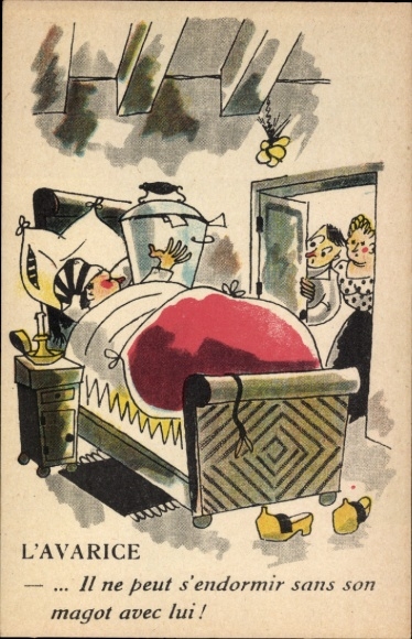 Ak Schlafender Mann im Bett, Eimer, Topf, Humor