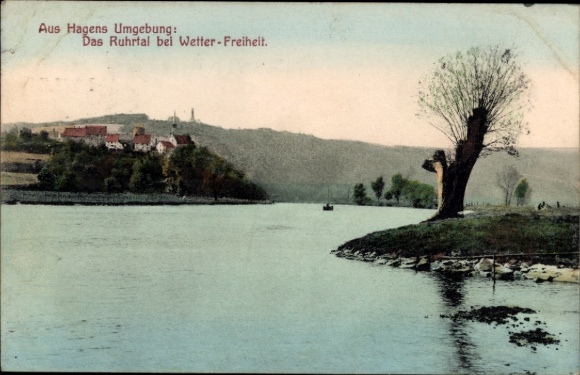Ak Wetter an der Ruhr, Flusslandschaft, Ruhrtal, Wetter-Freiheit, Bäume, Boote