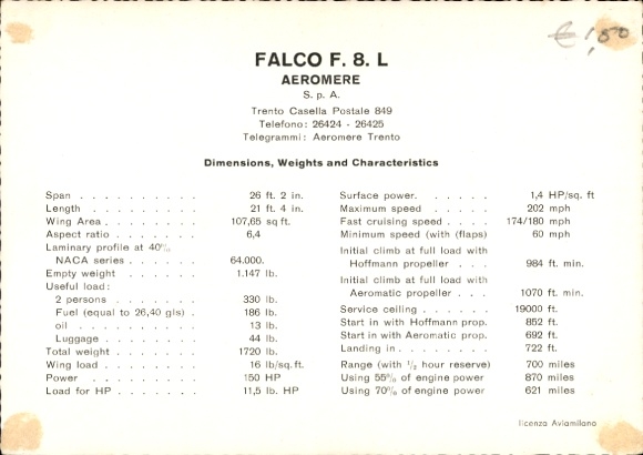Postcard Italian military aircraft Falco F8L, I-RALA