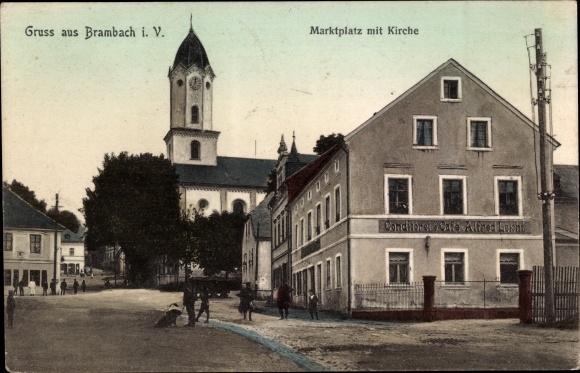 Postcard Bad Brambach im Vogtland, market place and church, confectionery café