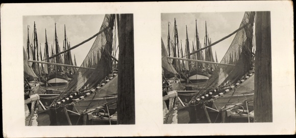 Stereo ruimtelijke beeldfoto Schöne Heimat nr. 23 Büsum, vloot garnalenvissers in de haven