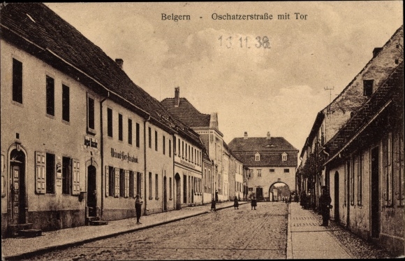 Postcard Belgern in Saxony, Oschatzerstrasse with gate