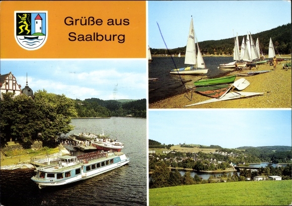 KP Saalburg w Turyngii, panorama miasta, nabrzeże, żaglówki, herb