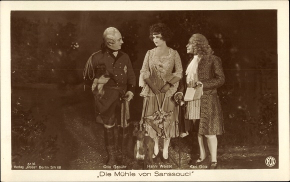 Postcard film scene Die Mühle von Sanssouci, actors Otto Fee, Karl Götz, Hanni Weisse