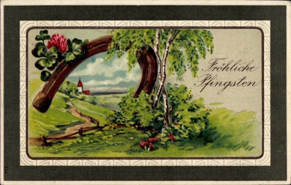 Chromo-Litho congratulations Pentecost, landscape with horseshoe and shamrocks