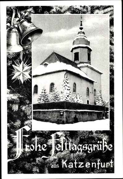 Postcard Katzenfurt Ehringshausen in Hesse, church, winter, happy holiday greetings