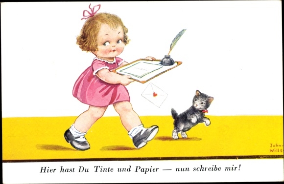 Artist Postcard Wills, John, Here's ink and paper for you, now write me, girl with cat, letter