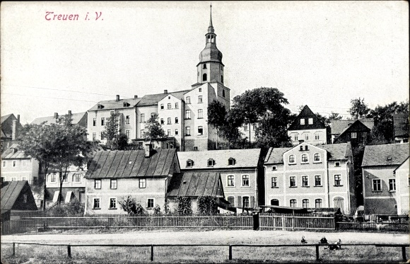 Postcard faithful in the Vogtland, partial view, church