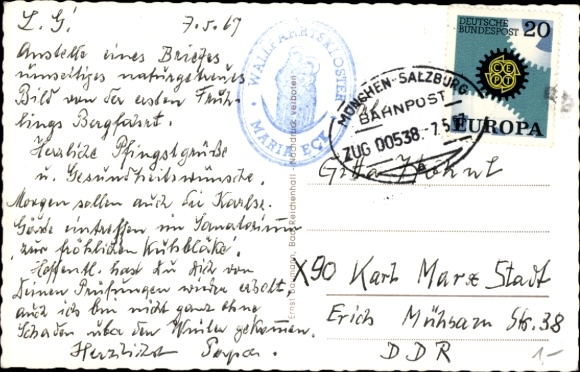 Postcard railway postmark Munich-Salzburg train 538