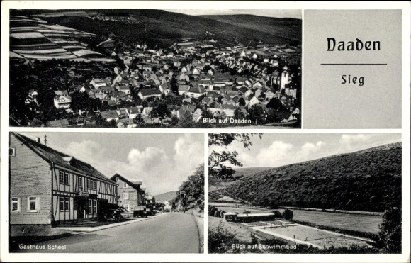 Postcard Daaden in the Westerwald, general view, Gasthaus Scheel, swimming pool