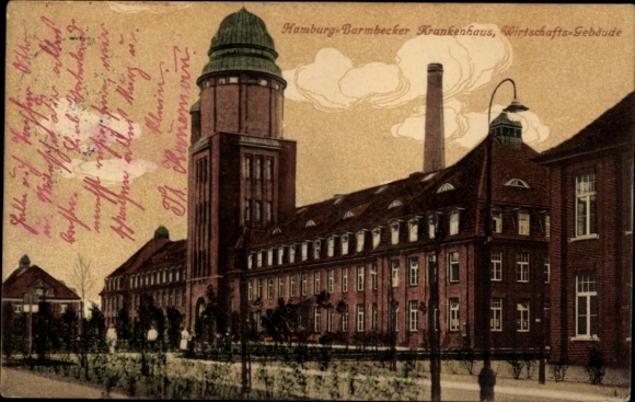 Postcard Hamburg Nord Barmbek, Hamburg-Barmbeck Hospital, commercial building, 1915