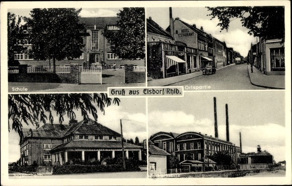 Postcard Elsdorf in the Rhineland, school, sugar factory, youth center, street area, hotel
