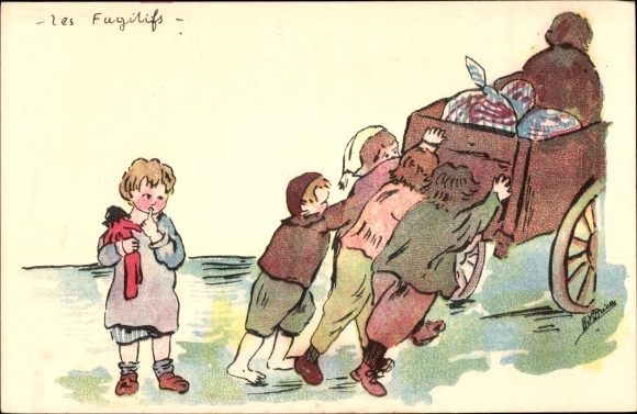 Artist Postcard Children push a cart with sacks