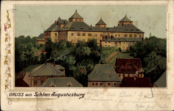 Kunstenaar litho Dutzauer, Max, Augustusburg in het Ertsgebergte, kasteel