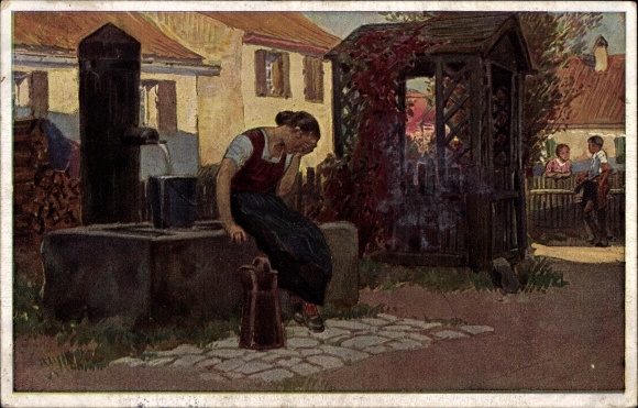 Lied Künstler Ak Hey, Paul, Volksliedkarte Nr 34, Jetzt geh i ans Brünnele, Frau verzweifelt