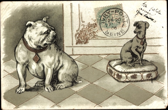 Litho Zwei Hunde, Bulldogge, Terrier auf einem Kissen