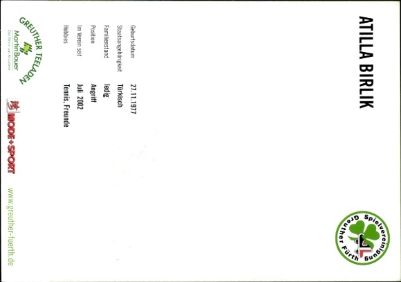 Autograph card footballer Atilla Birlik, SpVgg Greuther Fürth, autograph